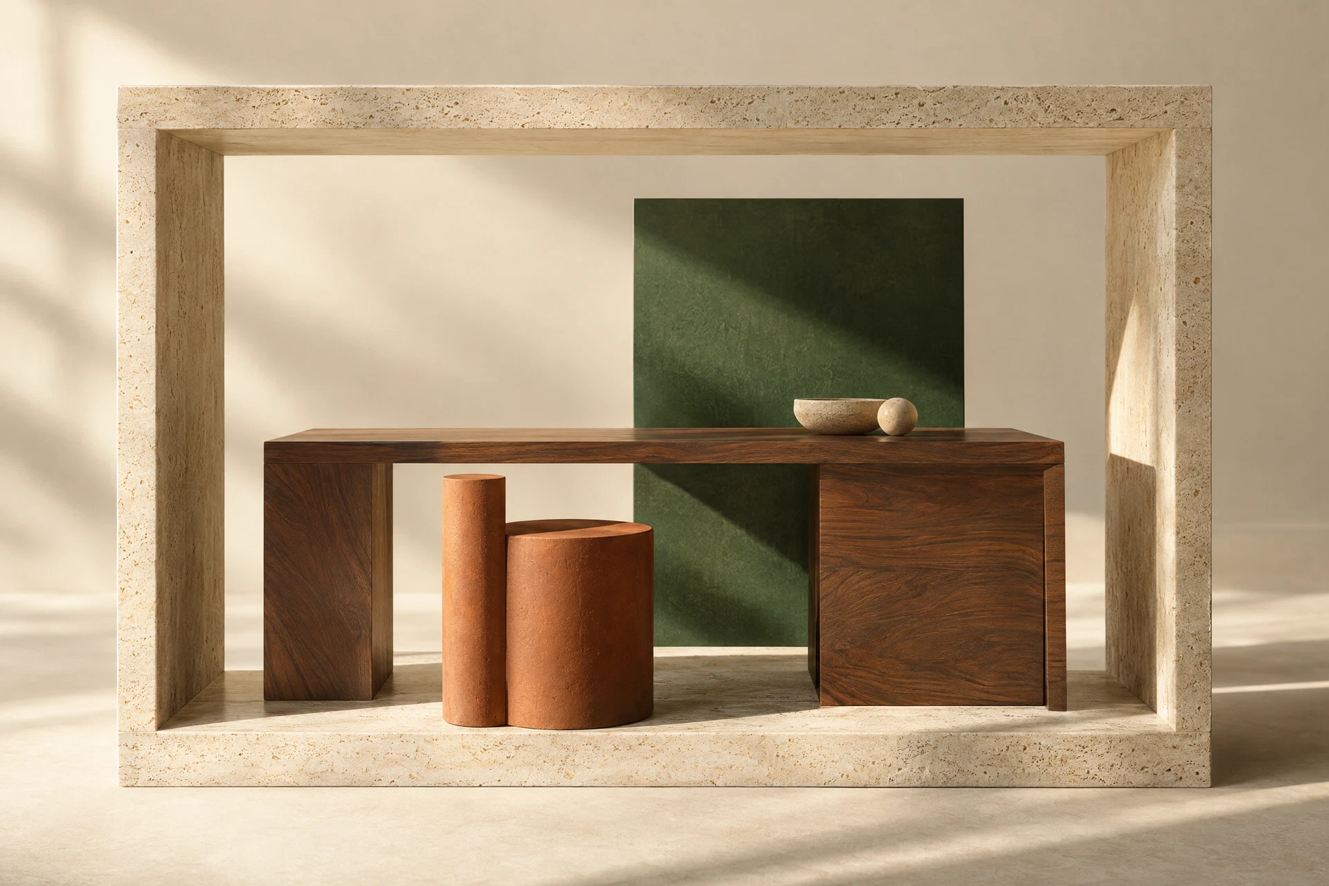 Architectural desk sculpture; brand illustration, not actual room photography