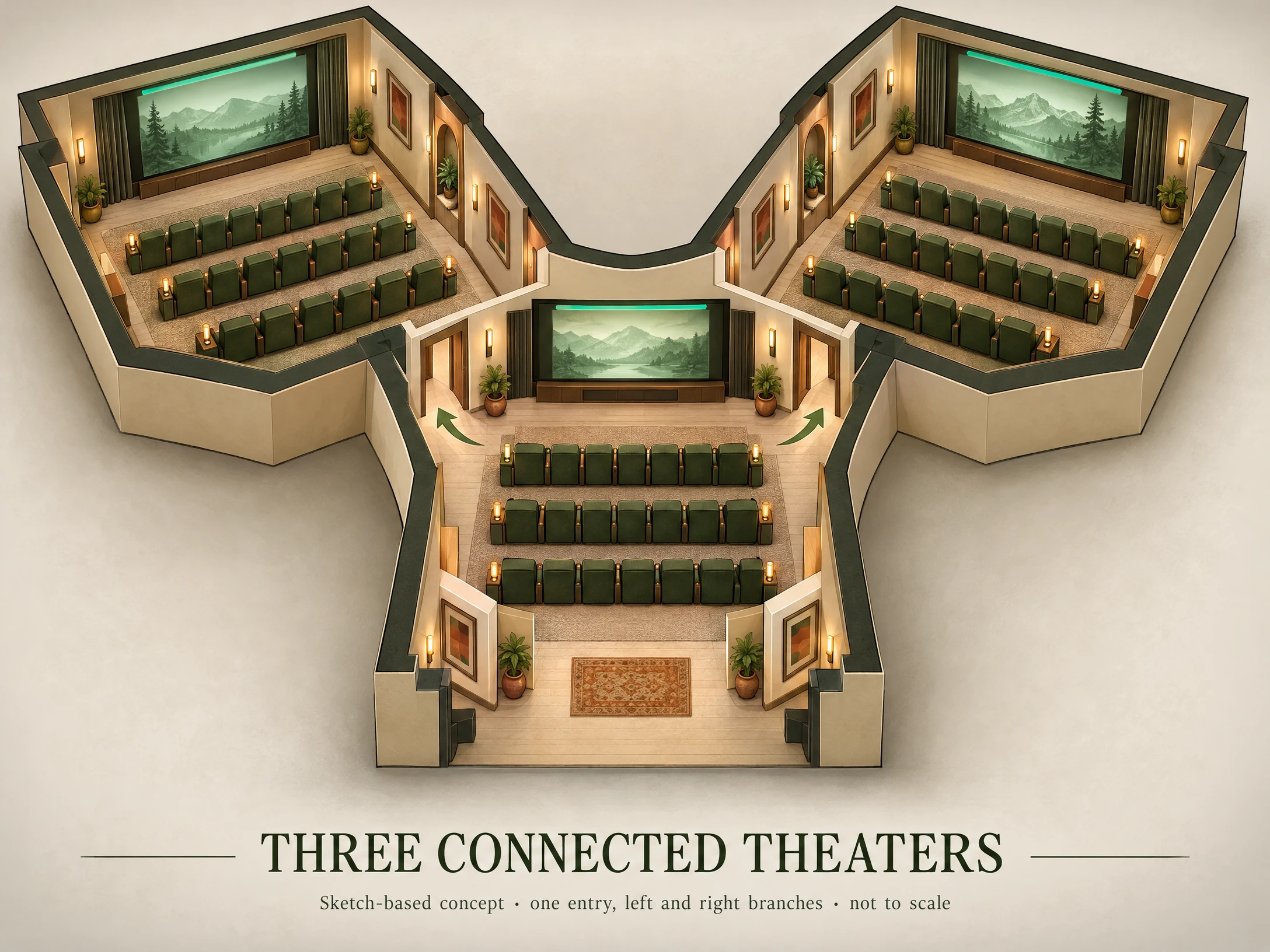 Architectural illustration for Three-room theater suite, not an actual room photograph